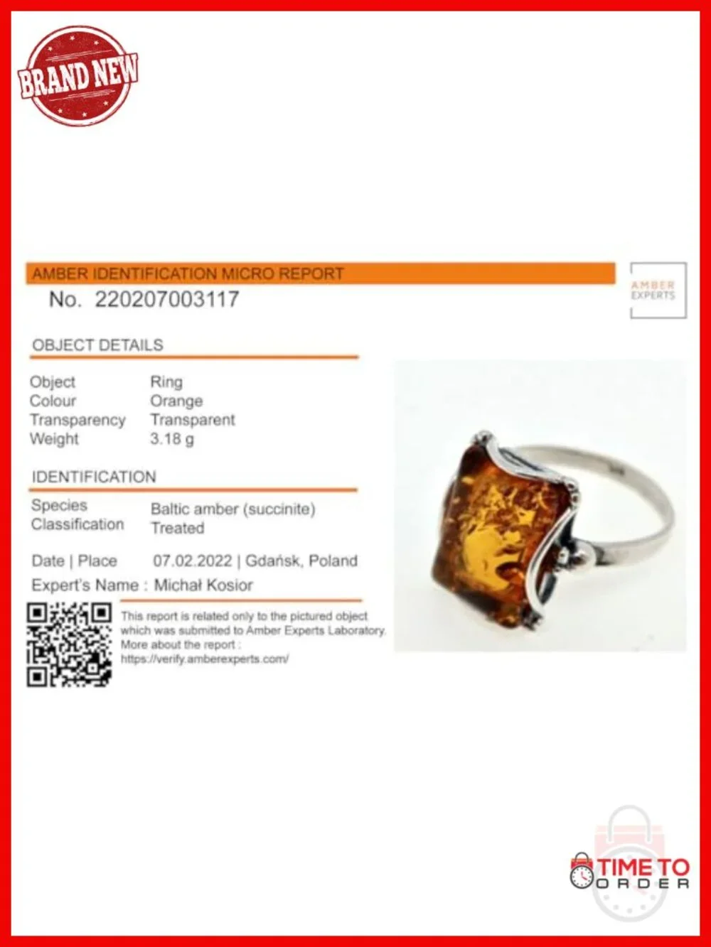 Sterling Silver & Real Baltic Amber Rectangle Ring